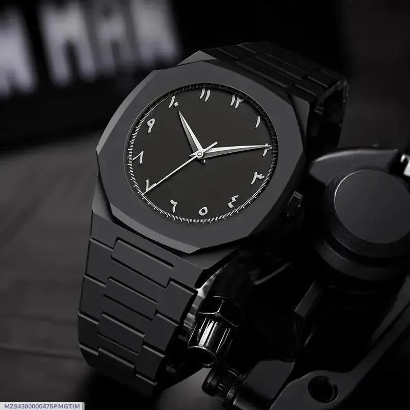 Premium Black Minimalist Arabic Dial Watch – Matte Steel Luxury Design