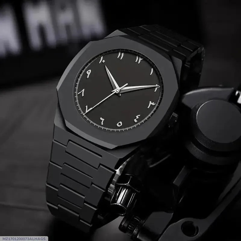 Premium Black Minimalist Arabic Dial Watch – Matte Steel Luxury Design